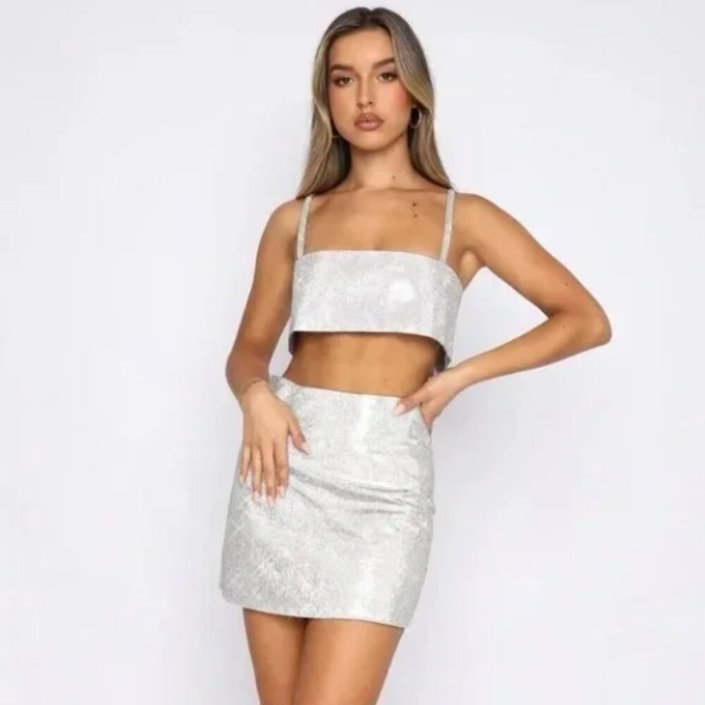 Structured crystal rhinestone crop top and skirt set